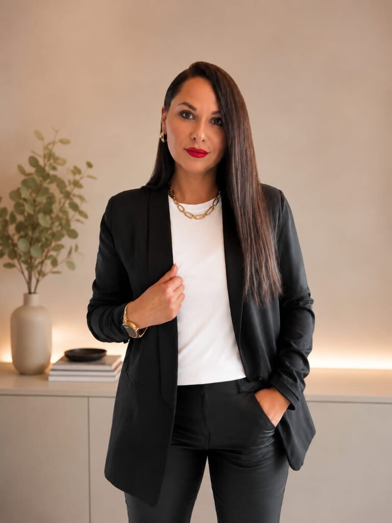 Professionelle Geschäftsfrau im schwarzen Blazer mit modernem Business-Look im Büro