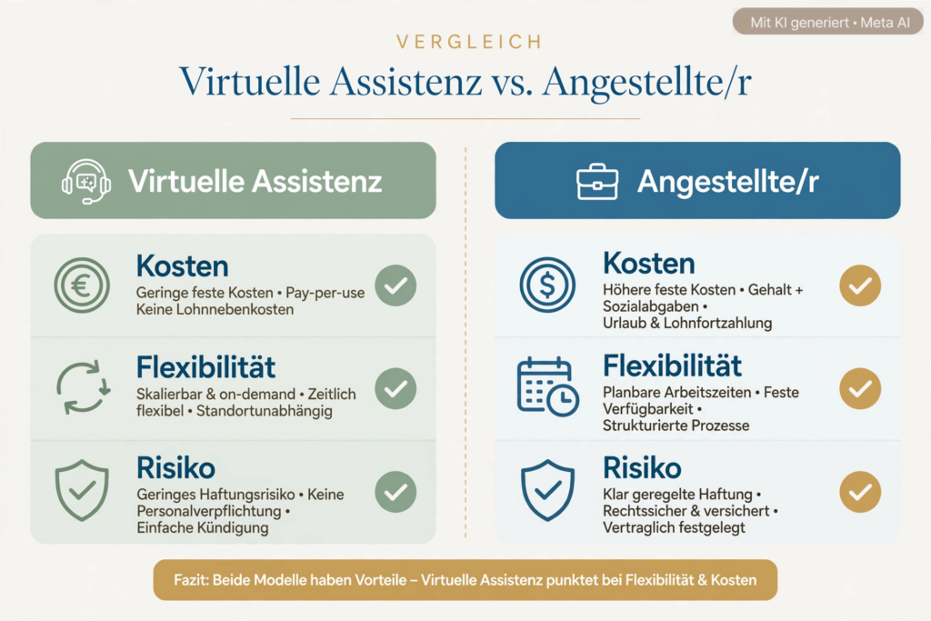 Vergleich Infografik Virtuelle Assistenz vs Angestellte - Kosten Flexibilität Risiko