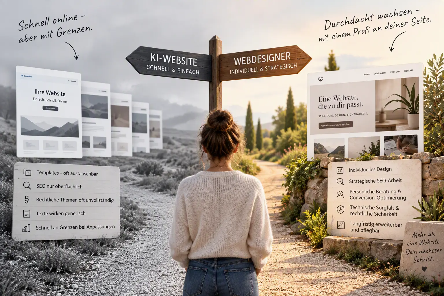 Vergleich zwischen einer KI-generierten Website und einer Website von einem Webdesigner