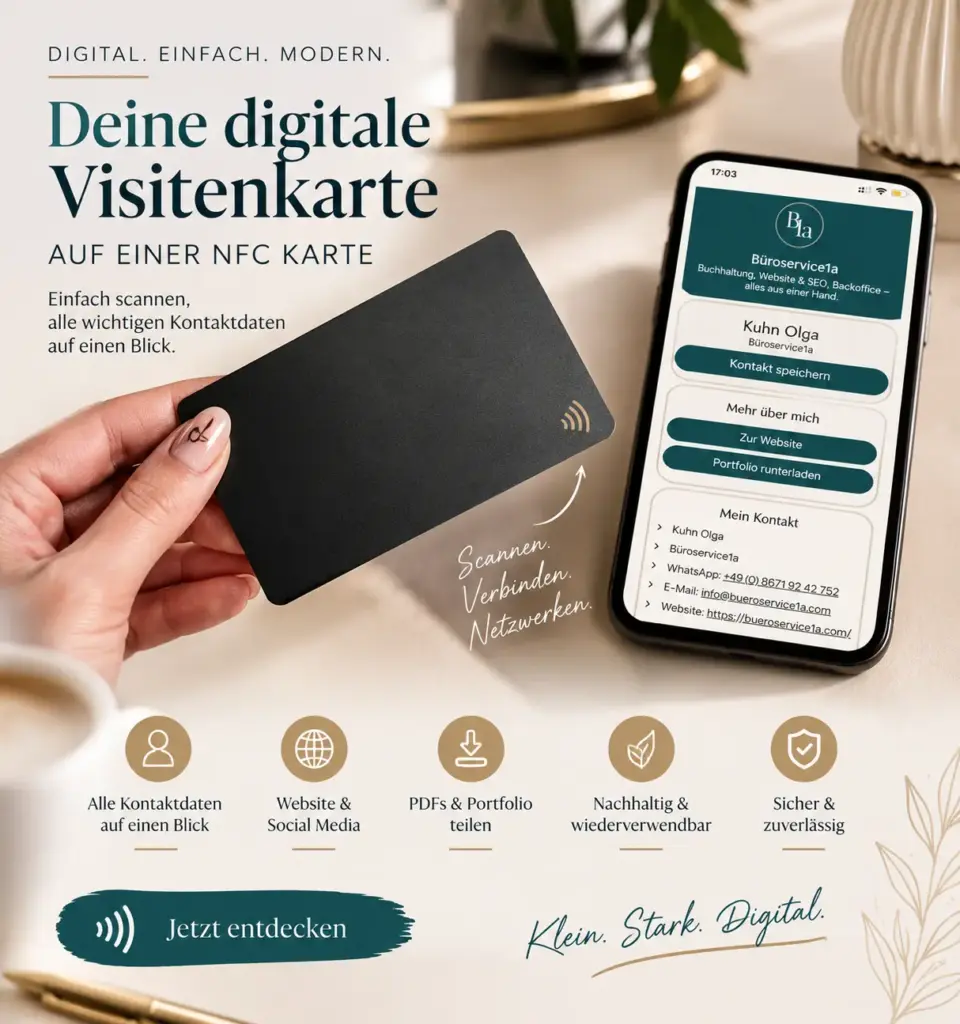 NFC-Visitenkarte wird ans Smartphone gehalten, digitale Visitenkarte mit Kontaktdaten öffnet sich automatisch